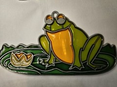 Vintage 1983 NFR Green Frog On Lily Pad Sun Catcher Ornament Faux Stained Glass