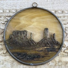 Grant Finley Signed Desert Southwestern Slag Glass Brass Sun Catcher Wall Plaque
