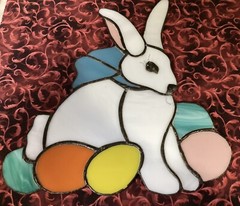 Vtg Stained Glass Bunny With Multicolored Eggs Sun Catcher-9” Tall