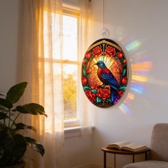 Floral Bird Glass Suncatcher, Colorful Window Hanging