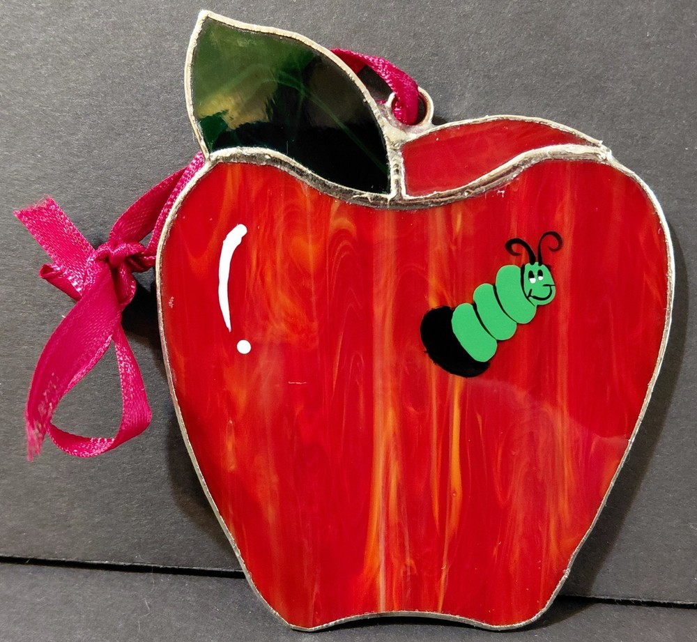 Vintage Red Apple with Green Worm Stained Glass Suncatcher