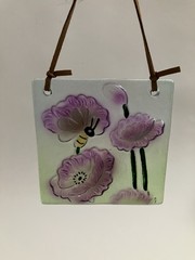 (Square 4.5″ x 4.5″ Flower Bumblebee Glass Sun Catcher with Leather Cord