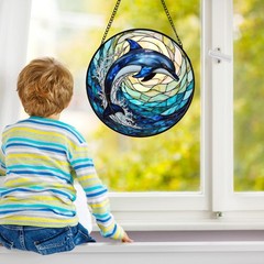 Dolphin Stained Glass Suncatcher – 9” Ocean Wave Window Hanging Decor Gift for