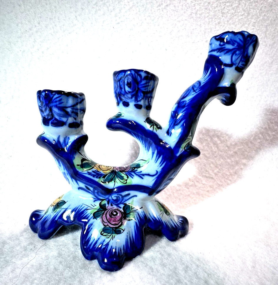 Portuguese Pottery Three Level Candelabra with Hand Painted Floral Decorations