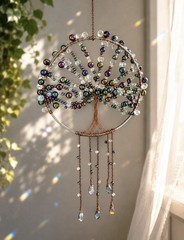 Tree of Life Hanging Beaded Metal Ring Suncatcher, Silver Multicolor Crystal