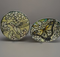 Two Joan Baker Design Yellow ToneGlass Art Suncatcher Hummingbird & Butterfly 3”