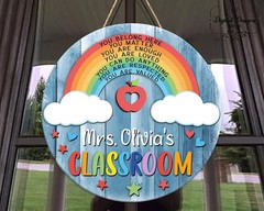Teacher Rainbow Door Hanger Gifts Welcome Classroom Wooden Sign with Rope