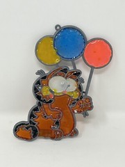 Vntg Handmade Stained Glass Garfield Cat Holding Balloons Suncatcher Ornament