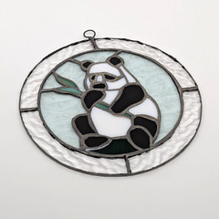 Sun Catcher Panda Bear Eating Bamboo Leaded Stained Glass 7″ Handmade