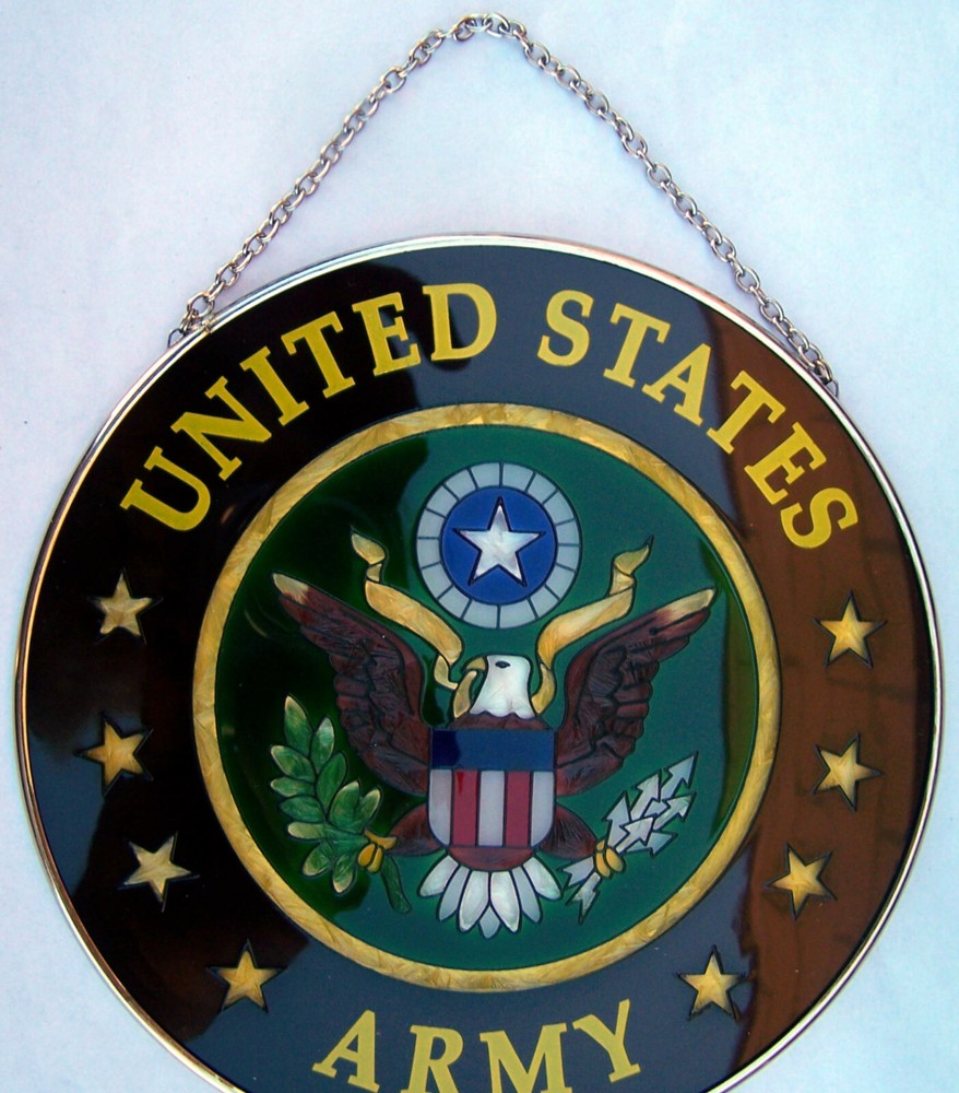 Joan Baker Hand painted art glass Suncatcher-LC229 USA -US Army – FREE Shipping