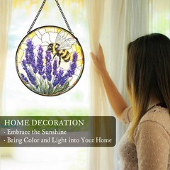 Vintage Bee Lavender Stained Glass Suncatcher for Indoor Window Decor, 7.8 in