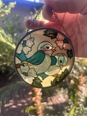 bluebirds Stained Glass hand painted by Joan Baker Designs Round 3.5” with chain