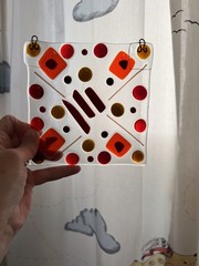 Pretty Fused Glass Sun Catcher In Red Orange And Yellow 6” Square