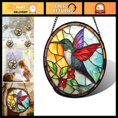 Hummingbird Stained Glass Suncatcher – 11.8″ Decorative Window Panel Gift for Al