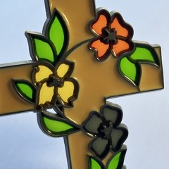 Vintage Sun Catcher Stained Glass Ornament Green Yellow Red Rose Adorned Cross