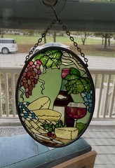 stained glass suncatcher wine & cheese 4.5” x 3” With Chain For Hanging