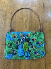 Glass Peacock Window/ Wall Decor Hanging Leather Strap Vibrant Blue Green Orange