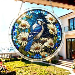 Blue Jay White Daisy Floral Stained Acrylic Puzzle Suncatcher Window Decor