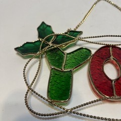 VTG Stained Resin Glass Christmas Joy Holly Berry Hanging Window Suncatcher 10”