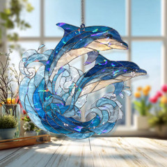 Stunning Dolphins Ocean Wave Acrylic Suncatcher Window Hanging Home Decor Gift
