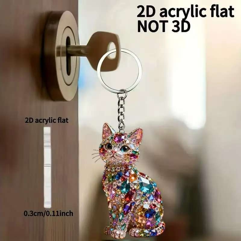 Flat Crystal Cat Keychain, Bling Kitty Backpack Charm, Rhinestone Bag Charms