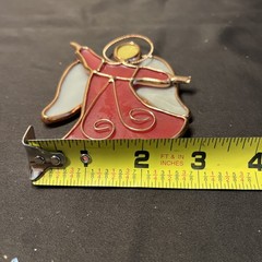 Red Stained Glass Angel Christmas Ornament With Etched Wings Gold Trim 4.5 by 3”