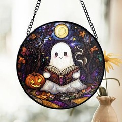 Ghost Book Stained Glass Suncatcher, Kawaii Halloween Window Art