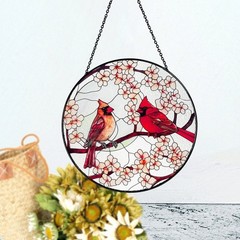 Cardinal Lovebirds Stained Glass Suncatcher: Moonlight Window Hanging