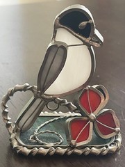 Leaded glass hand made window sitter suncatcher Chickadee red flower 3.5X2.75″A+