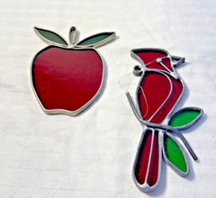Set of 2 Handmade Stained Glass Sun Catchers Apple & Cardinal Ruby Red and Green