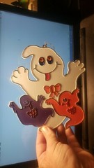 Vintage Halloween Plastic Window Sun Catcher Dangler Pair Ghosts Pumpkin Jack