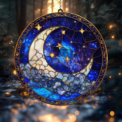 Moon Star Celestial Night Sky Stained Glass Suncatcher Window Hanging Decor