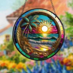 Sunset On A Tropical Beach Suncatcher Double Sided Round Dyed Acrylic Decor 005