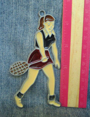 Vintage Suncatcher WOMAN PLAYING TENNIS Ornament Stained Glass Acrylic Metal SA5