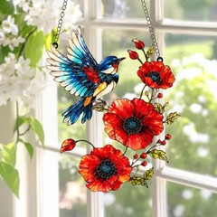 Blue Bird Red Poppy Acrylic Suncatcher Ornament