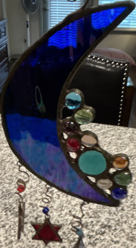 Stained Glass Crescent Moon Suncatcher, Multicolor Iridescent Bohemian Decor