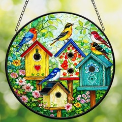 Colorful Birdhouse Suncatcher 7.8 Inch Stained Glass Window Decor, Gift Ideas