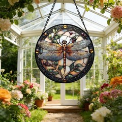 DASTOLL Stained Glass Window Hanging – Dragonfly Plant Suncatcher Ready to Ha…