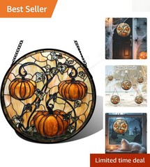 Intricate Stained Glass Suncatcher – Halloween Decor with Pumpkins & Bats 9.8 in