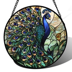 Turquoise Peacock Stained Glass Sun Catcher for Home Decor Gifts 9.8 in
