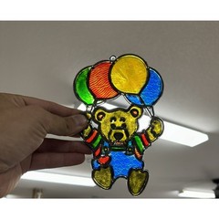 VTG Pair (2) Plastic Teddy Bear Window Ornaments Suncatchers Stained Glass Look