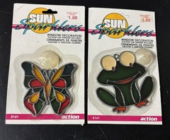 Vintage 1990 Sun Sparklers Window Decoration Stained Glass Style Frog Butterfly