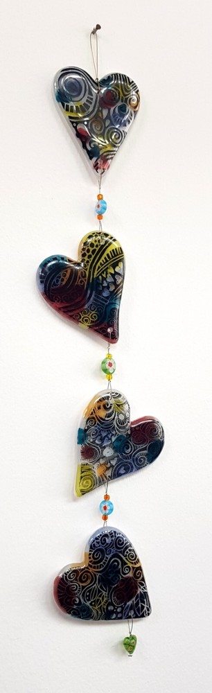 Abstract Hand-Painted Hearts Quartet Fused Glass, Gift for Valentine’s Day