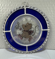 Vintage Skating Mouse Stained Glass Sun Catcher Blue 1984