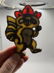 Firefighter Raccoon Suncatcher Red Hat Stained Glass Style Window Decor