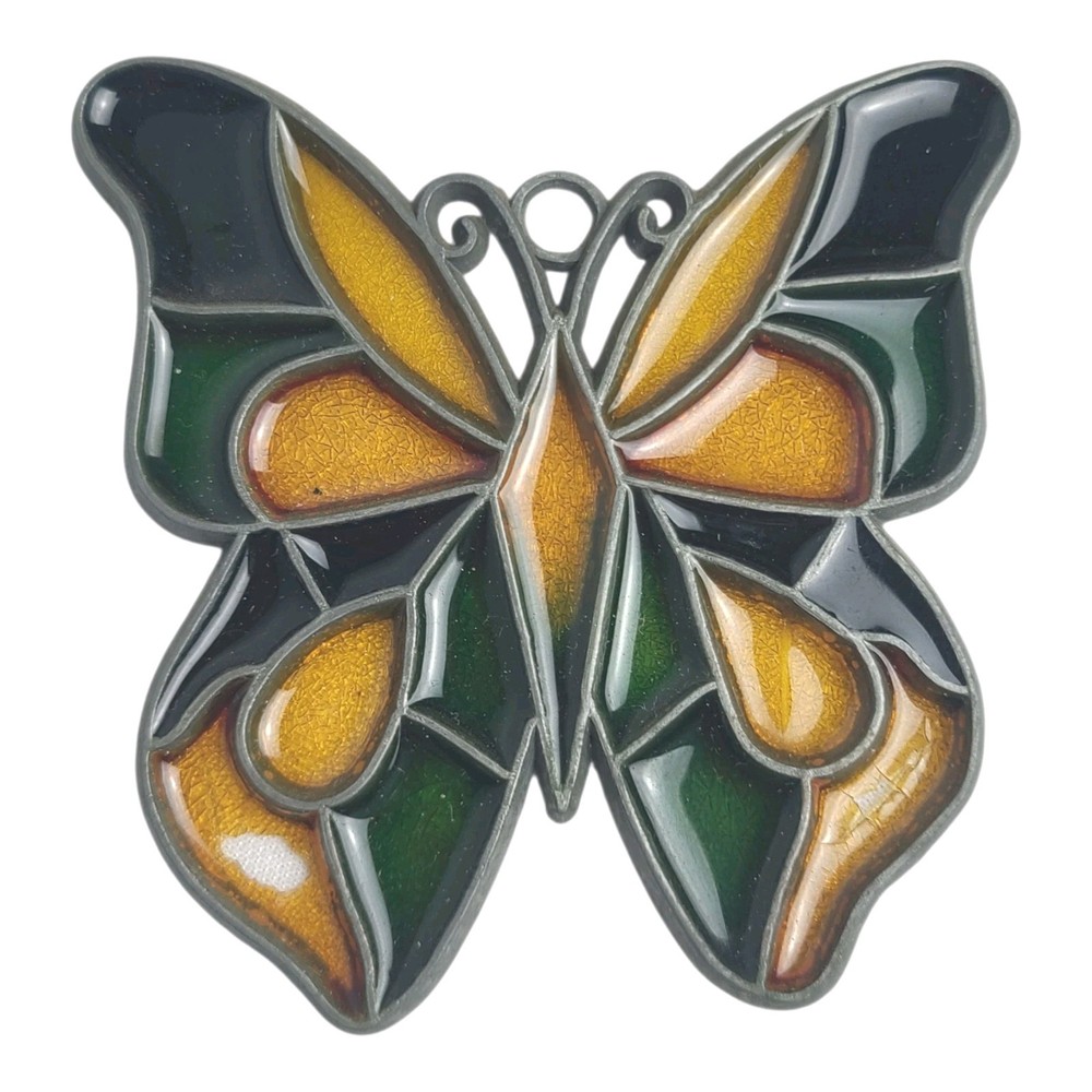 Vintage Stained Glass Style Metal Enamel Butterfly Window Sun Catcher Decor MCM