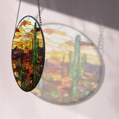 Cactus Desert Faux Stained Glass Suncatcher Window Hanging Garden Decor Gift Art