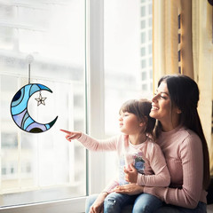 Stars and Moon Stained Glass Suncatcher – Window Decor Gift for Home Indoor – Cr