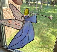 Handcrafted Stained Glass Angel Suncatcher Blue Iridescent Wings Window Hanging