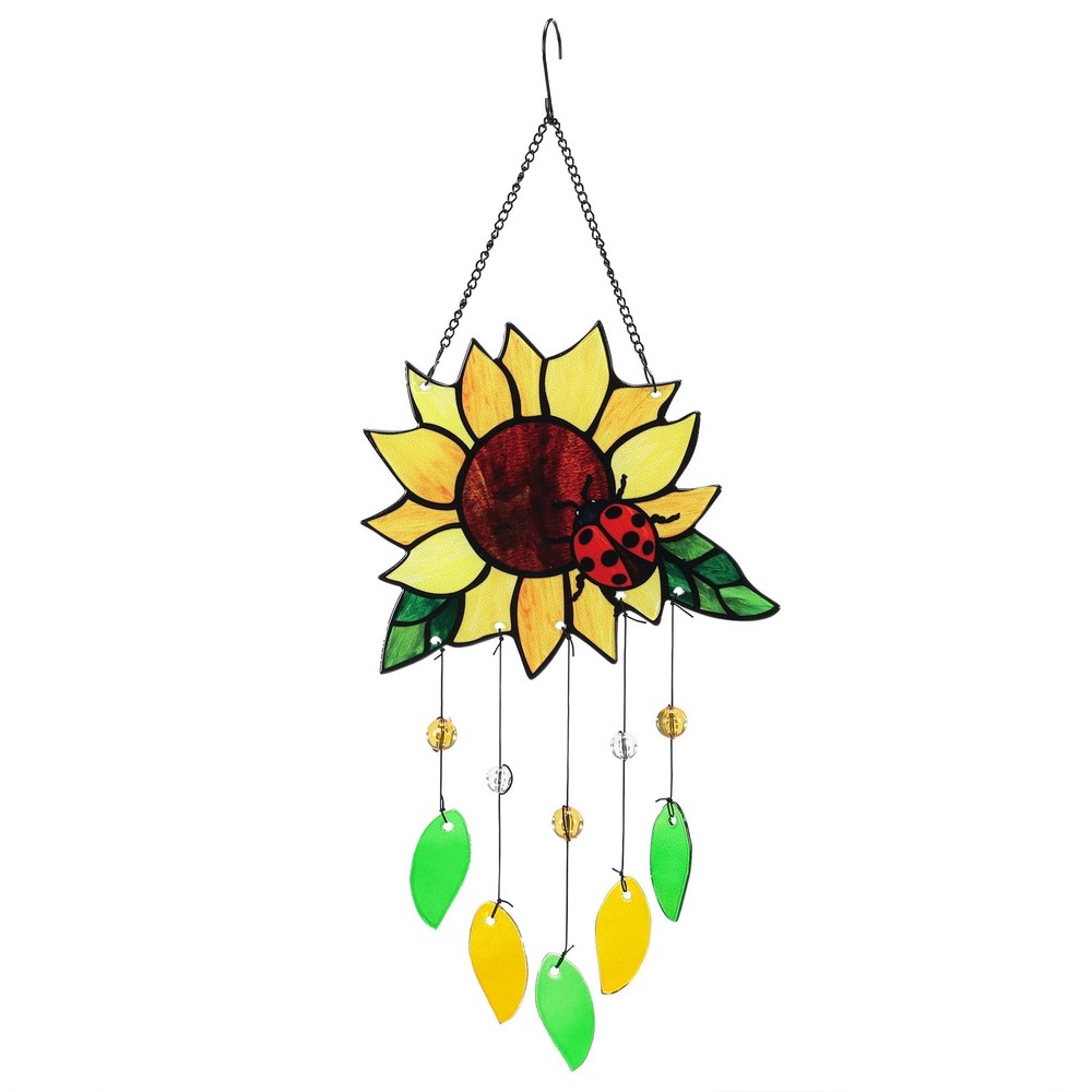 Stained Glass Suncatcher Sunflower Ladybug Window Decor, 20 x 8 Inches